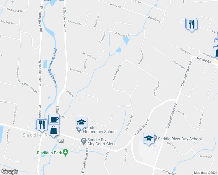 map of restaurants, bars, coffee shops, grocery stores, and more near 49 Fox Hedge Road in Saddle River