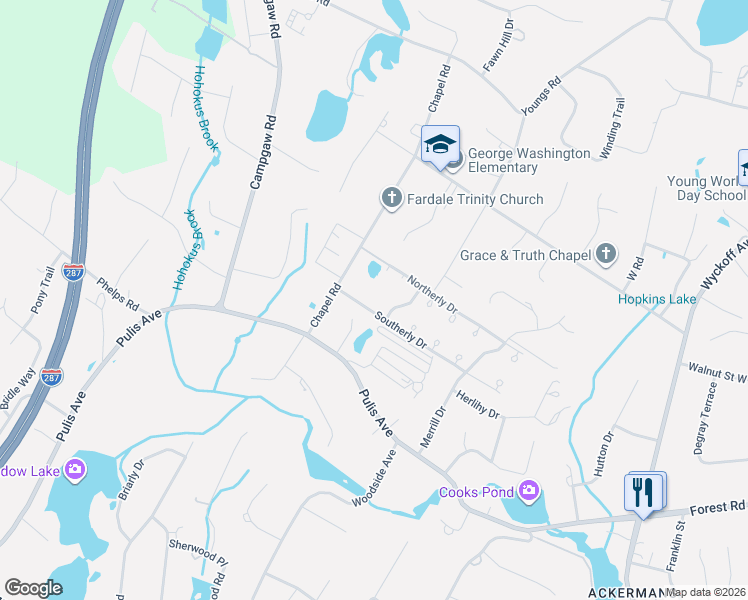 map of restaurants, bars, coffee shops, grocery stores, and more near 39 Krinsky Court in Mahwah