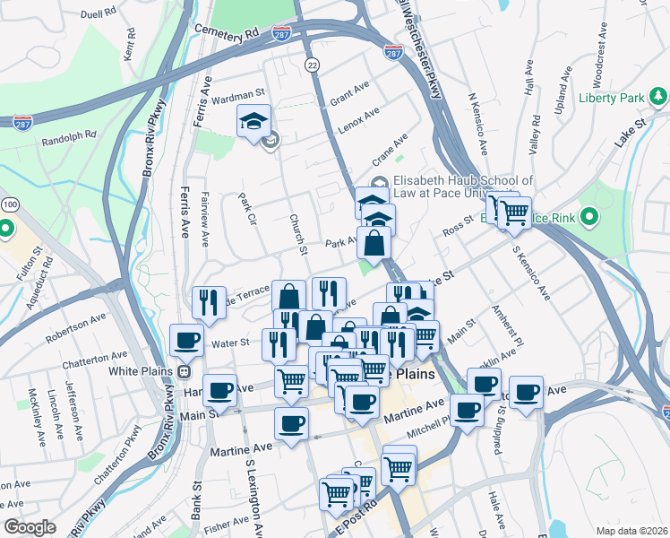 map of restaurants, bars, coffee shops, grocery stores, and more near Rockledge Avenue in White Plains