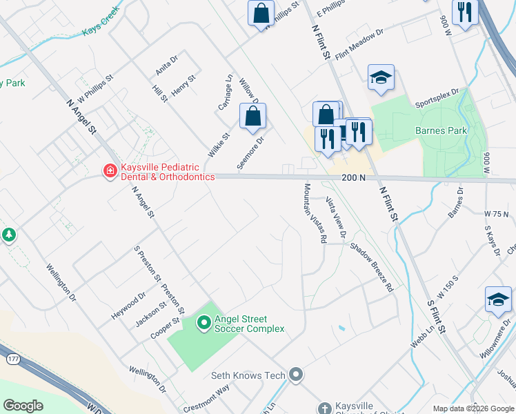 map of restaurants, bars, coffee shops, grocery stores, and more near 1662 West 75 South in Kaysville