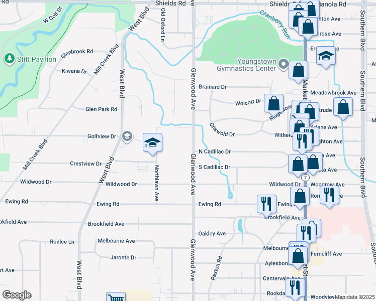 map of restaurants, bars, coffee shops, grocery stores, and more near 6120 Glenwood Avenue in Youngstown