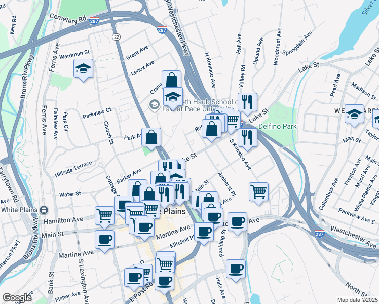 map of restaurants, bars, coffee shops, grocery stores, and more near 11 Lake Street in White Plains