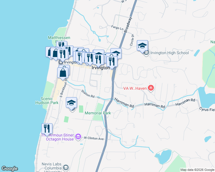 map of restaurants, bars, coffee shops, grocery stores, and more near 30 South Broadway in Irvington