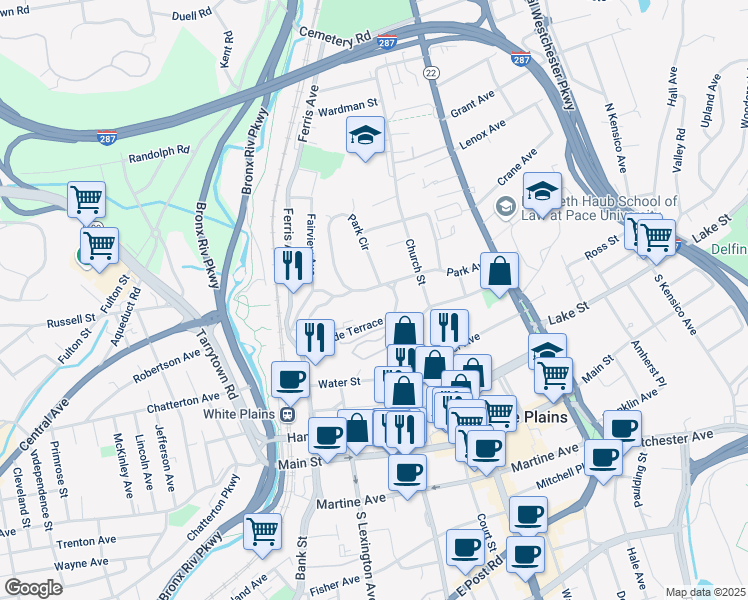 map of restaurants, bars, coffee shops, grocery stores, and more near 40-42 Park Avenue in White Plains