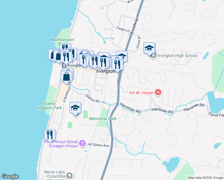 map of restaurants, bars, coffee shops, grocery stores, and more near 30 South Broadway in Irvington