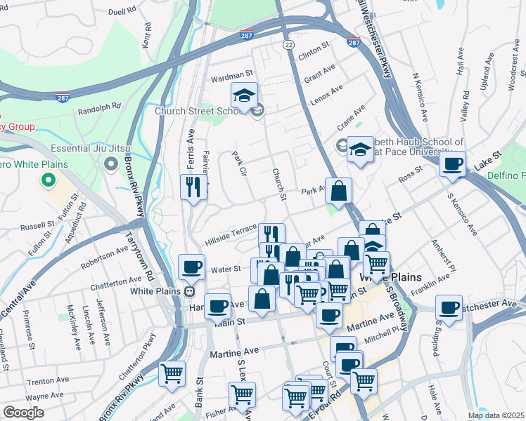 map of restaurants, bars, coffee shops, grocery stores, and more near 25 Hillside Avenue in White Plains