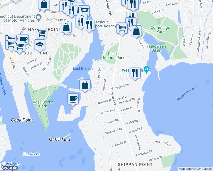 map of restaurants, bars, coffee shops, grocery stores, and more near 23 Nelson Street in Stamford