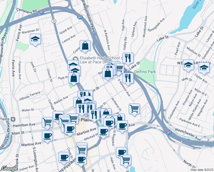 map of restaurants, bars, coffee shops, grocery stores, and more near 30 Lake Street in White Plains
