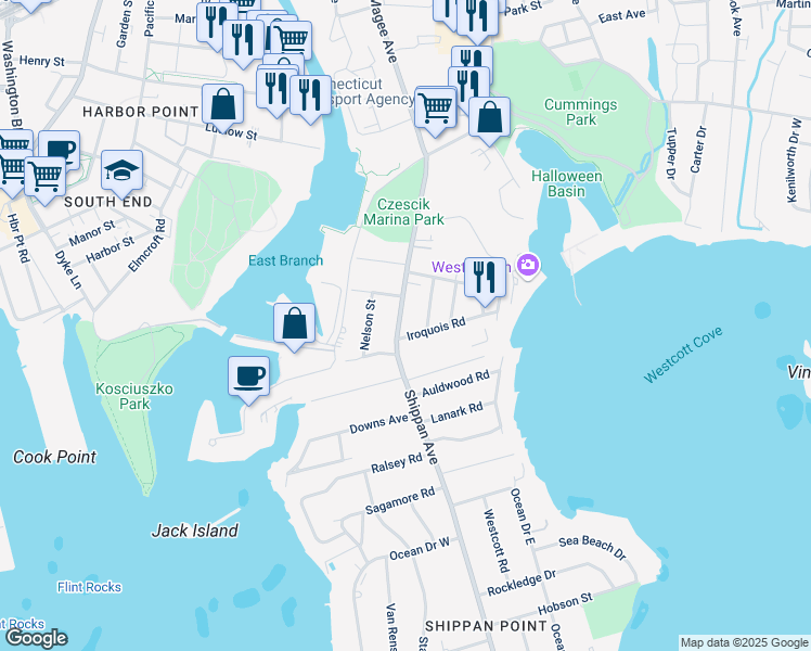 map of restaurants, bars, coffee shops, grocery stores, and more near 1108 Shippan Avenue in Stamford