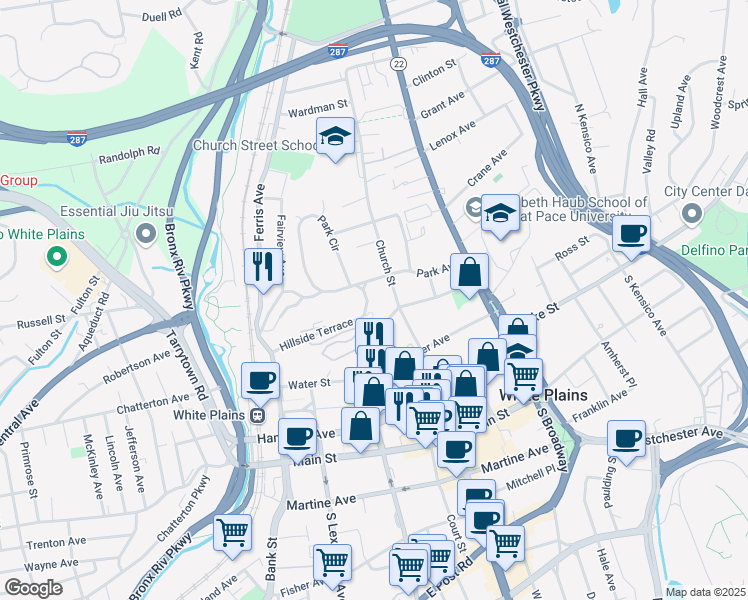 map of restaurants, bars, coffee shops, grocery stores, and more near 24 Hillside Avenue in White Plains