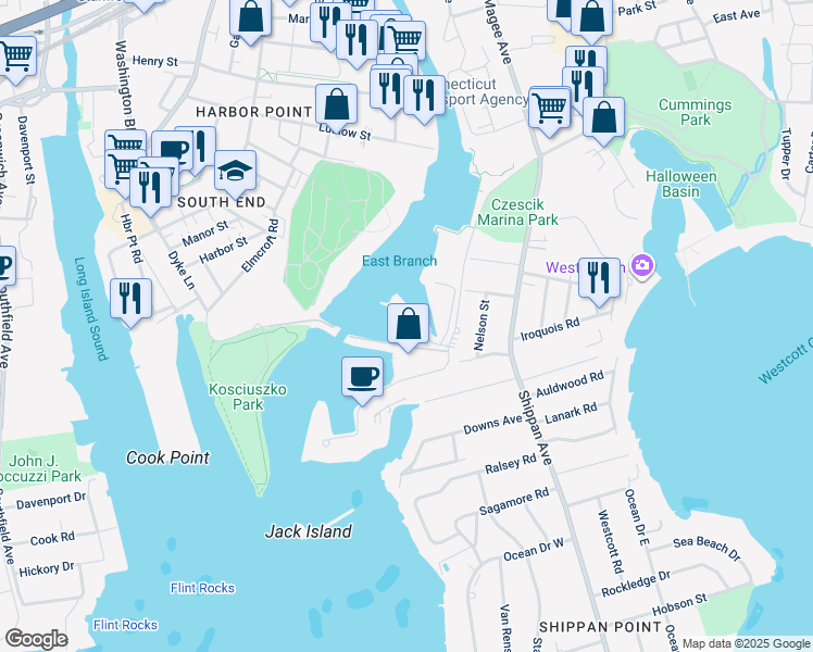 map of restaurants, bars, coffee shops, grocery stores, and more near 123 Harbor Drive in Stamford