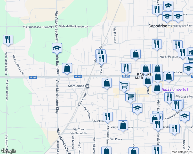 map of restaurants, bars, coffee shops, grocery stores, and more near Via Saverio Merola in Marcianise