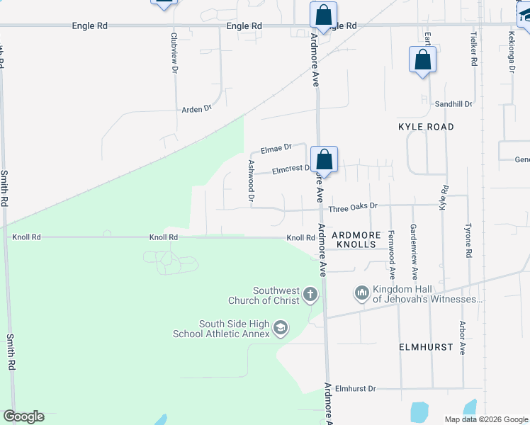map of restaurants, bars, coffee shops, grocery stores, and more near 4015 Three Oaks Drive in Fort Wayne