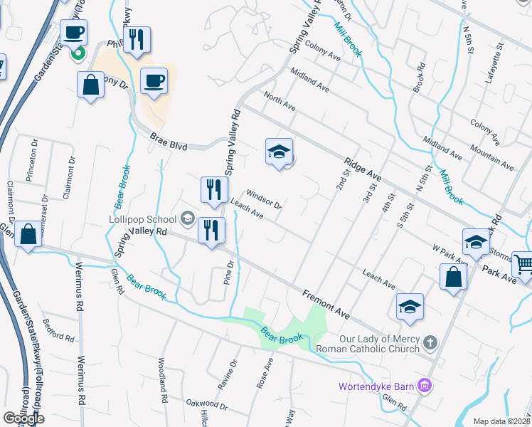 map of restaurants, bars, coffee shops, grocery stores, and more near 166 Leach Avenue in Park Ridge