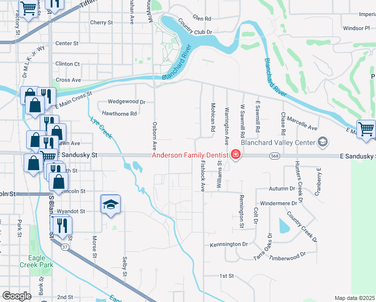 map of restaurants, bars, coffee shops, grocery stores, and more near 1024 East Sandusky Street in Findlay