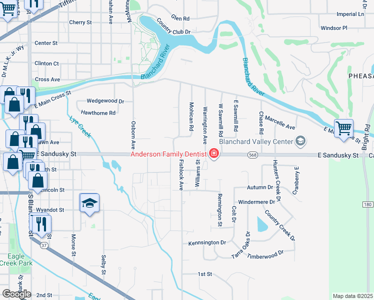 map of restaurants, bars, coffee shops, grocery stores, and more near 1118 East Sandusky Street in Findlay