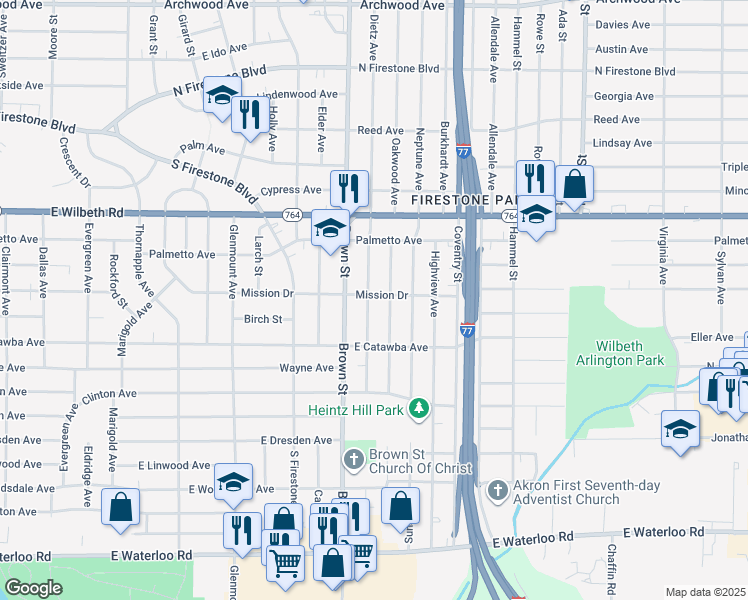 map of restaurants, bars, coffee shops, grocery stores, and more near 1625 Redwood Avenue in Akron