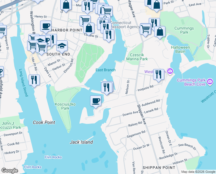 map of restaurants, bars, coffee shops, grocery stores, and more near 123 Harbor Drive in Stamford
