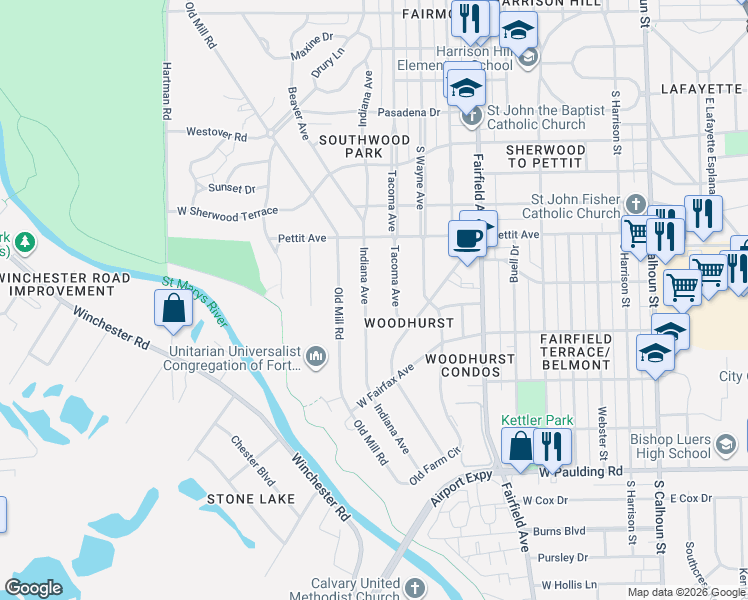 map of restaurants, bars, coffee shops, grocery stores, and more near 5017 Indiana Avenue in Fort Wayne