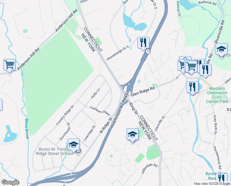 map of restaurants, bars, coffee shops, grocery stores, and more near 15 Country Ridge Drive in Rye Brook