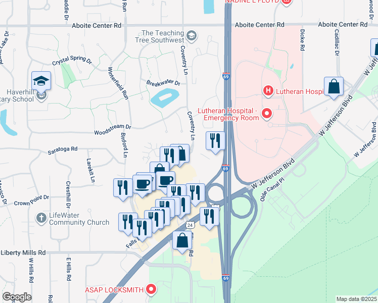 map of restaurants, bars, coffee shops, grocery stores, and more near 5224 Coventry Lane in Fort Wayne