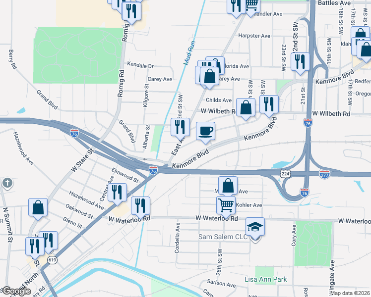map of restaurants, bars, coffee shops, grocery stores, and more near 1374 California Avenue in Akron