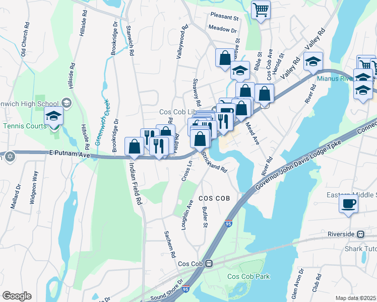 map of restaurants, bars, coffee shops, grocery stores, and more near 100 East Putnam Avenue in Greenwich