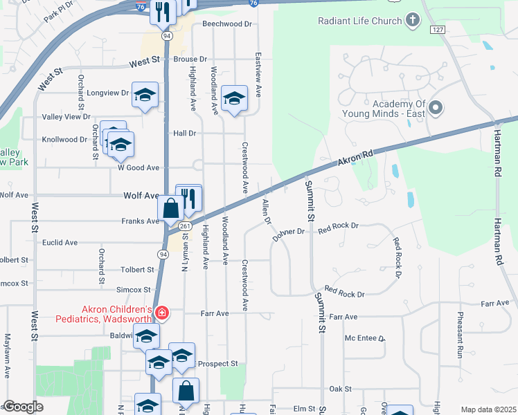 map of restaurants, bars, coffee shops, grocery stores, and more near 514 Allen Drive in Wadsworth