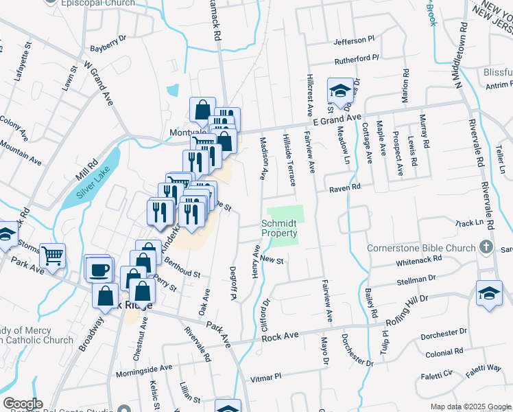 map of restaurants, bars, coffee shops, grocery stores, and more near 42 Madison Avenue in Montvale