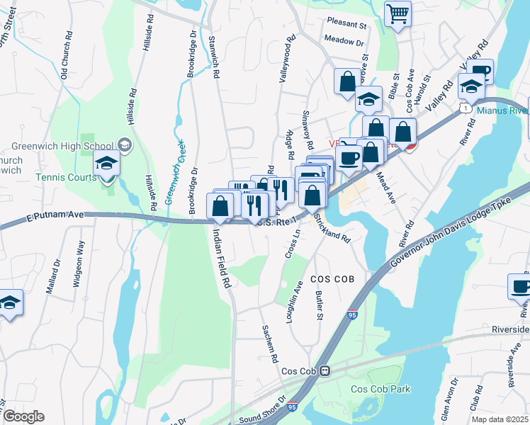 map of restaurants, bars, coffee shops, grocery stores, and more near 40 East Putnam Avenue in Greenwich