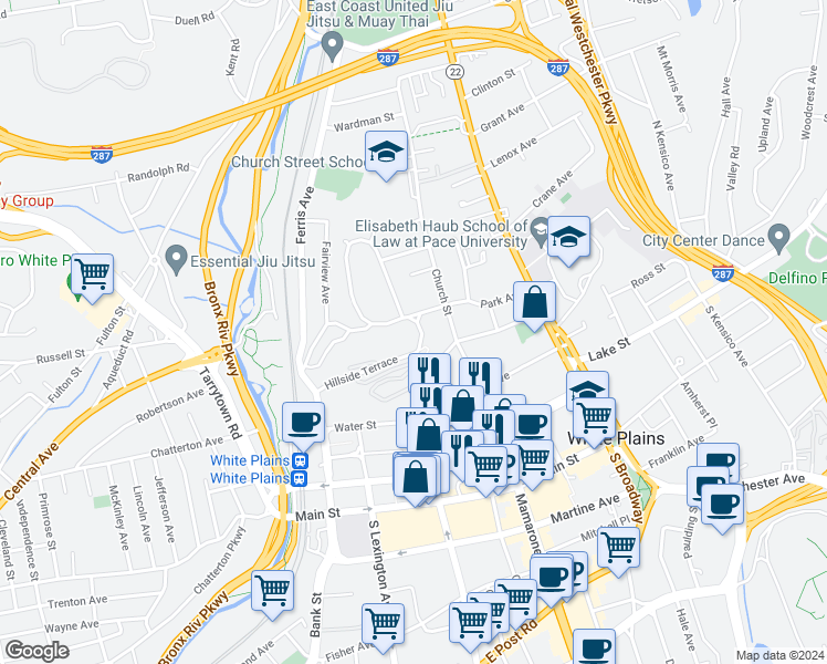 map of restaurants, bars, coffee shops, grocery stores, and more near 40-42 Park Avenue in White Plains