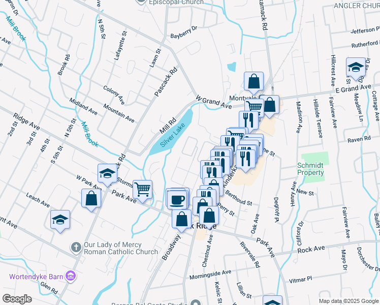 map of restaurants, bars, coffee shops, grocery stores, and more near 83 North Maple Avenue in Park Ridge