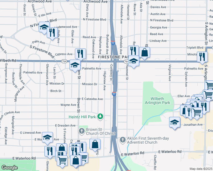 map of restaurants, bars, coffee shops, grocery stores, and more near 1642 Highview Avenue in Akron