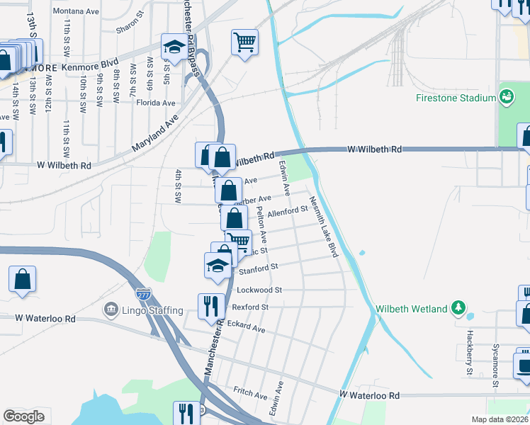 map of restaurants, bars, coffee shops, grocery stores, and more near 451 Allenford Street in Akron