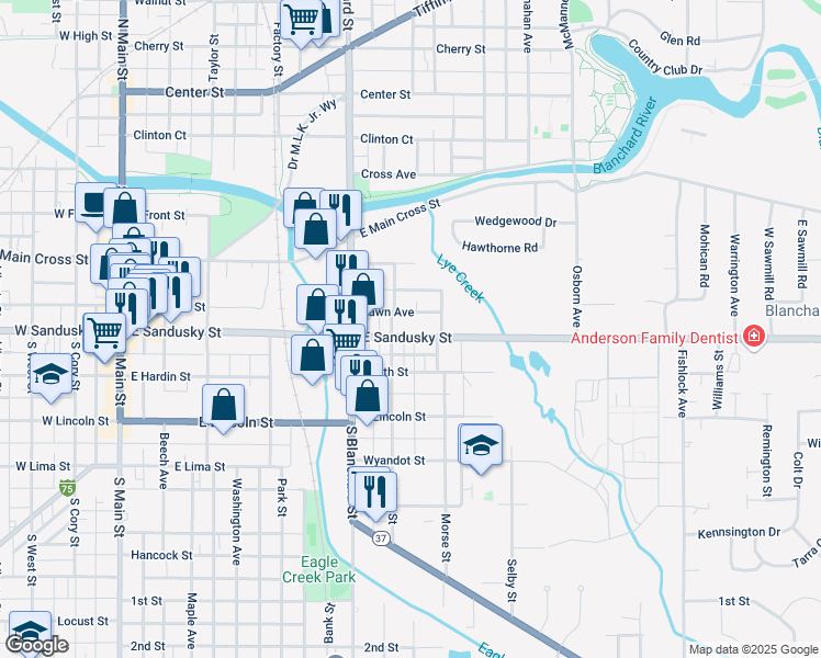 map of restaurants, bars, coffee shops, grocery stores, and more near 622 E Sandusky St in Findlay