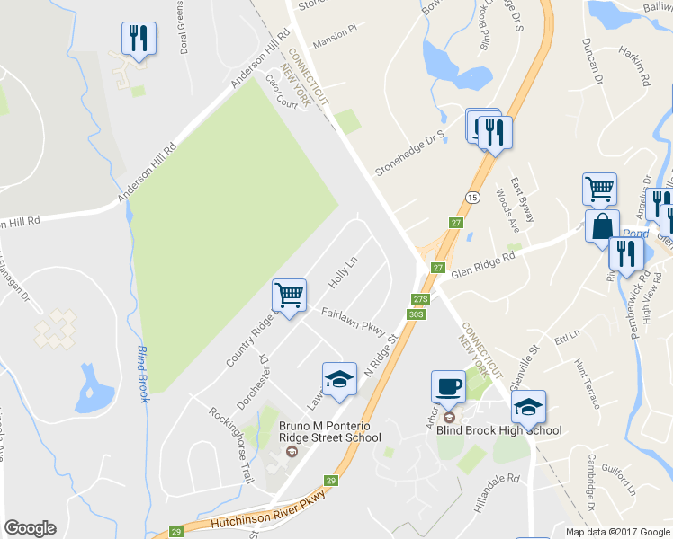 map of restaurants, bars, coffee shops, grocery stores, and more near 12 Holly Lane in Rye Brook