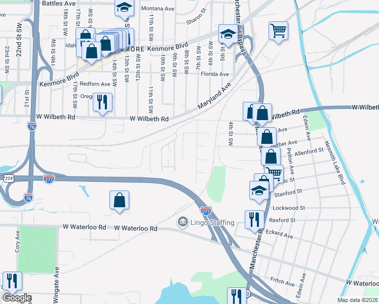 map of restaurants, bars, coffee shops, grocery stores, and more near 2444 7th St SW in Akron