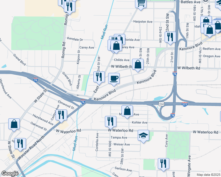 map of restaurants, bars, coffee shops, grocery stores, and more near 1513 Kenmore Boulevard in Akron