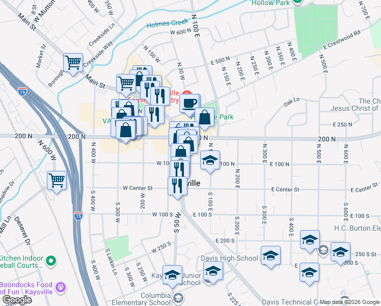 map of restaurants, bars, coffee shops, grocery stores, and more near 150 Main Street in Kaysville