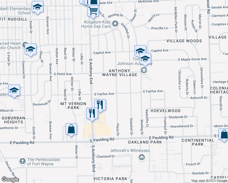 map of restaurants, bars, coffee shops, grocery stores, and more near 5120 Plaza Drive in Fort Wayne