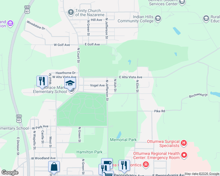 map of restaurants, bars, coffee shops, grocery stores, and more near 1756-1798 North Jefferson Street in Ottumwa