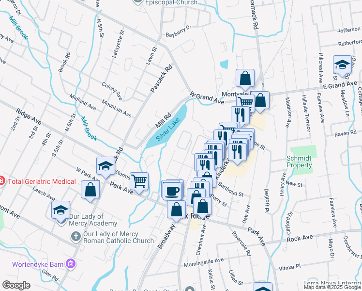 map of restaurants, bars, coffee shops, grocery stores, and more near 83 North Maple Avenue in Park Ridge