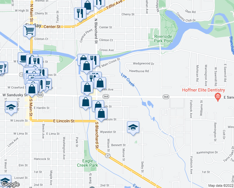 map of restaurants, bars, coffee shops, grocery stores, and more near 622 East Sandusky Street in Findlay