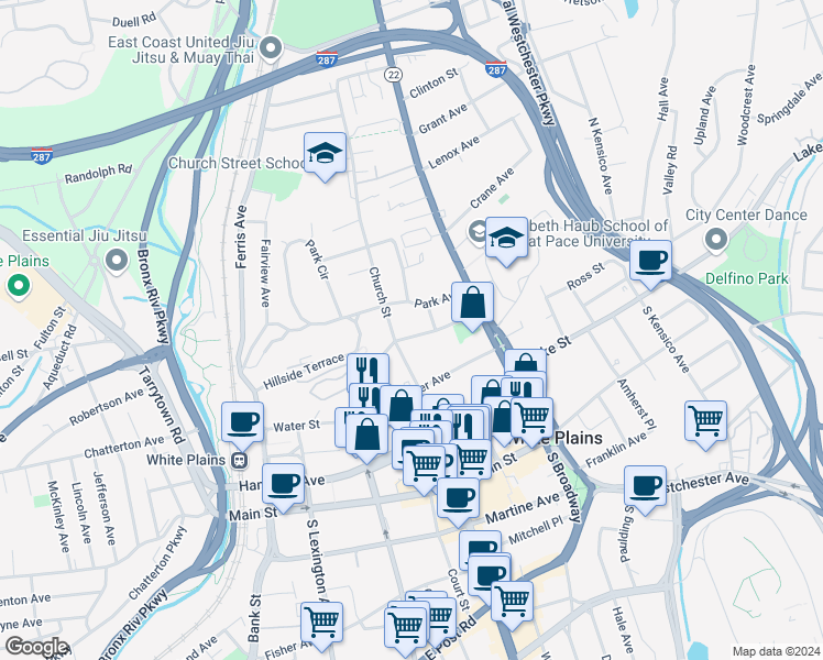 map of restaurants, bars, coffee shops, grocery stores, and more near 43 Rockledge Avenue in White Plains