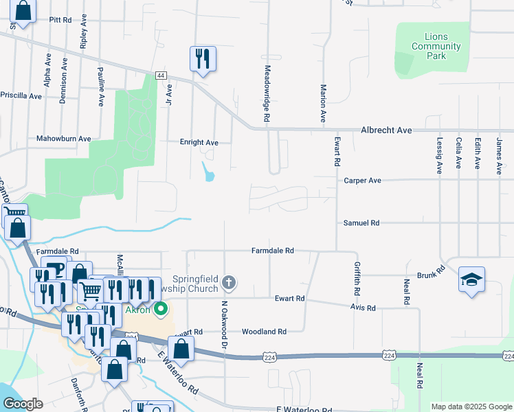 map of restaurants, bars, coffee shops, grocery stores, and more near 93 Wilpark Drive in Akron