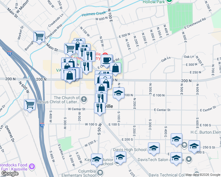 map of restaurants, bars, coffee shops, grocery stores, and more near 150 Main Street in Kaysville