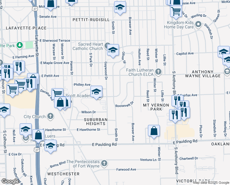 map of restaurants, bars, coffee shops, grocery stores, and more near 5115 Smith Street in Fort Wayne