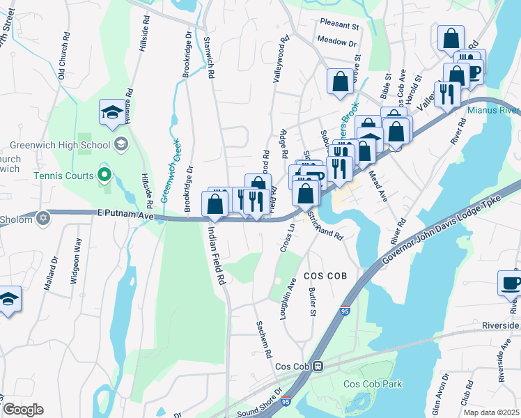 map of restaurants, bars, coffee shops, grocery stores, and more near 40 East Putnam Avenue in Greenwich