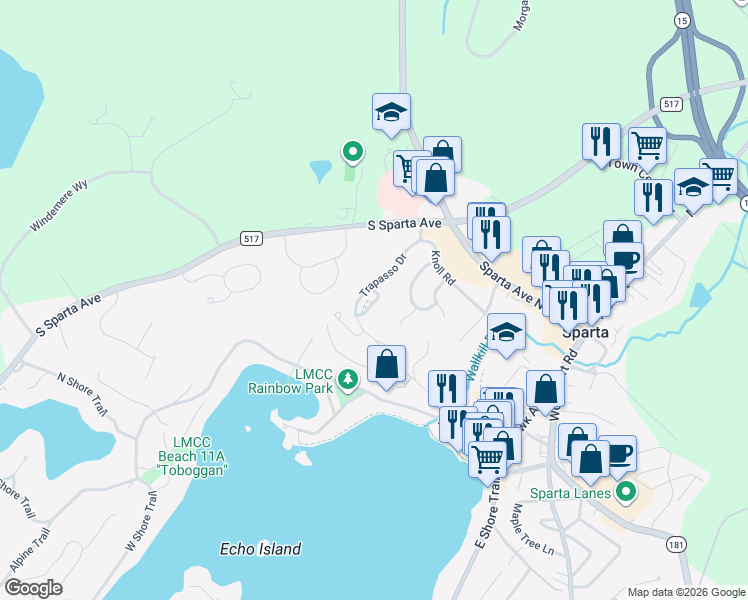 map of restaurants, bars, coffee shops, grocery stores, and more near 39 Trapasso Drive in Sparta Township