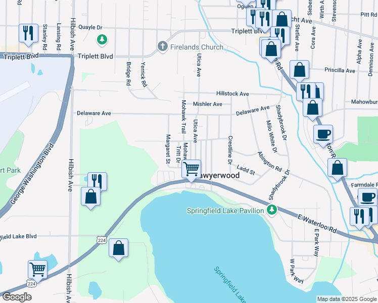 map of restaurants, bars, coffee shops, grocery stores, and more near 996 Seneca Trail in Akron